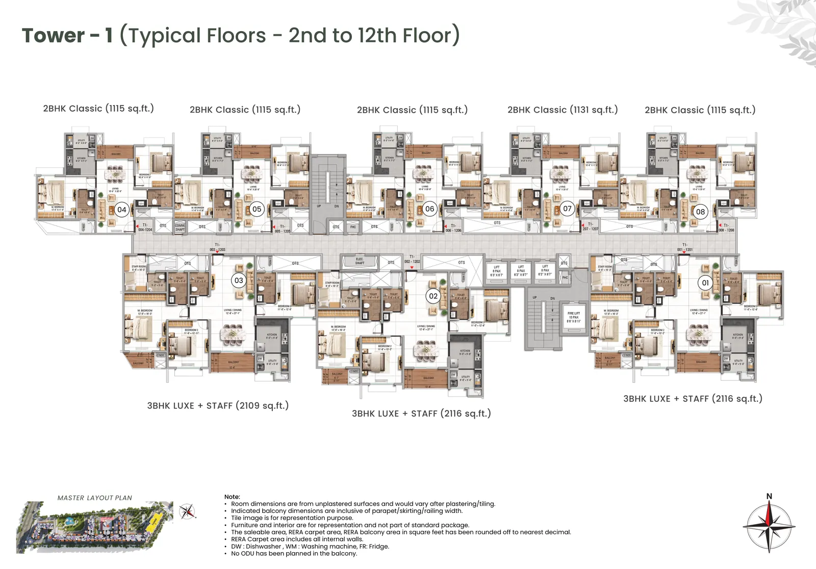 Tower 1 typical floor plan, floors 2 to 12, TVS Emerald Altura, Sathanur: 2 BHK Classic and 3 BHK Luxe + Staff residences