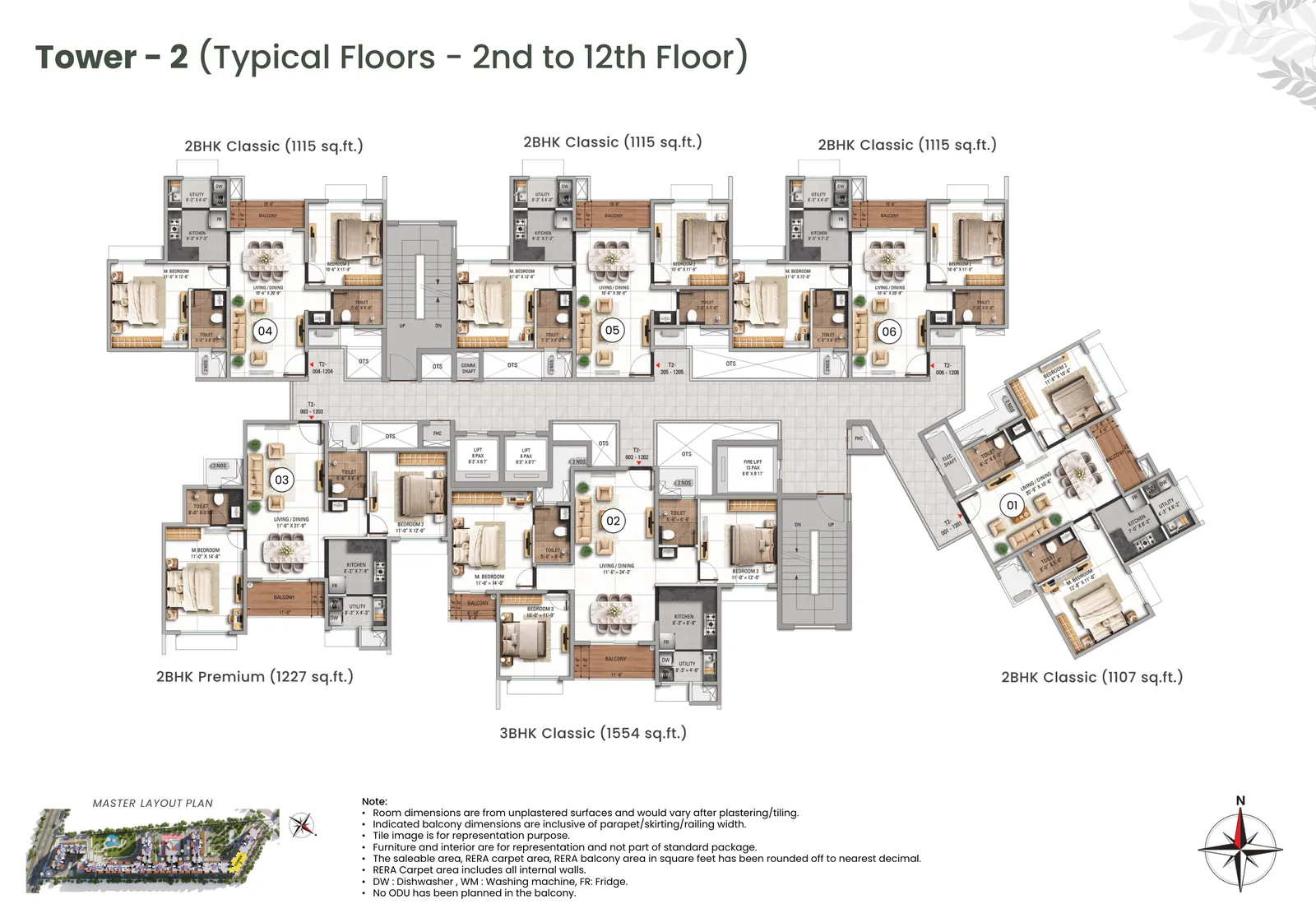 Tower 2 typical floor plan, floors 2 to 12, TVS Emerald Altura, Sathanur: 2 BHK Classic, 2 BHK Premium and 3 BHK Classic residences