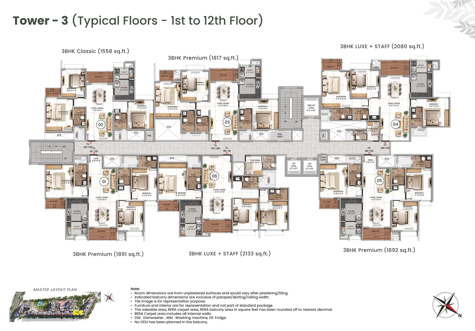 Tower 3 typical floor plan, floors 1 to 12, TVS Emerald Altura, Sathanur: 3 BHK Classic, Premium and Luxe + Staff residences