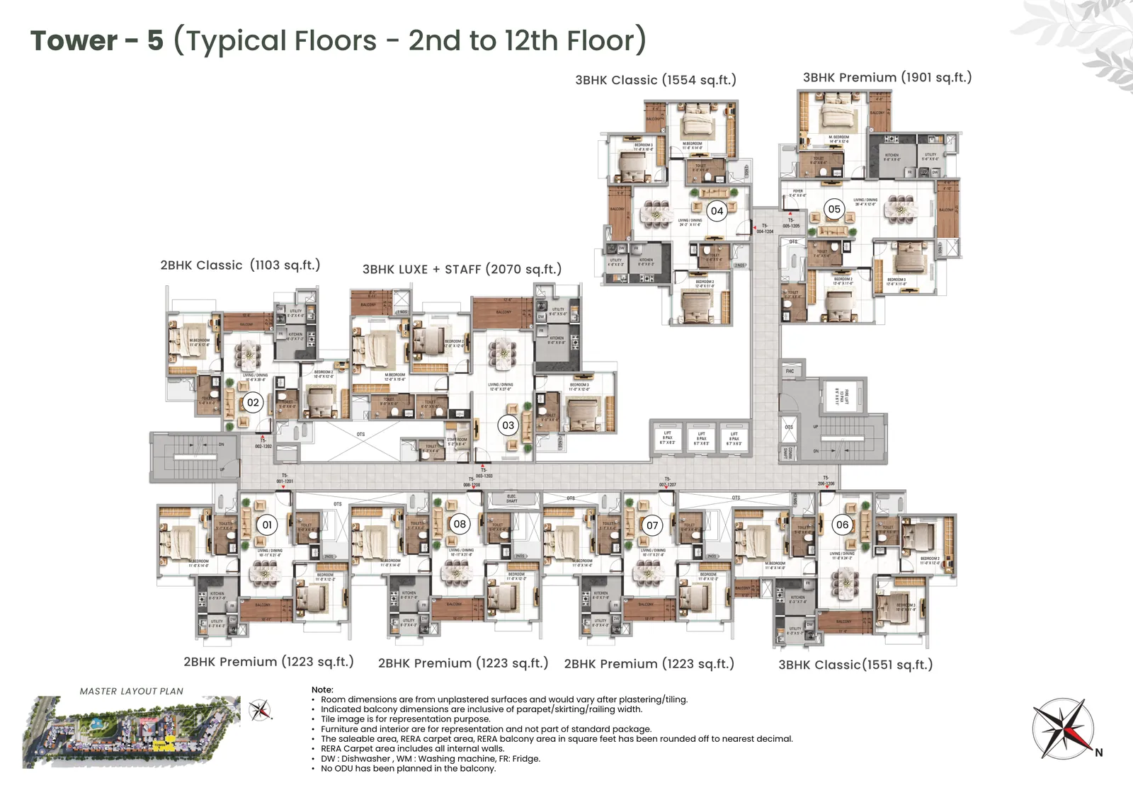 Tower 5 typical floor plan, floors 2 to 12, TVS Emerald Altura, Sathanur: 2 and 3 BHK residences across five configurations