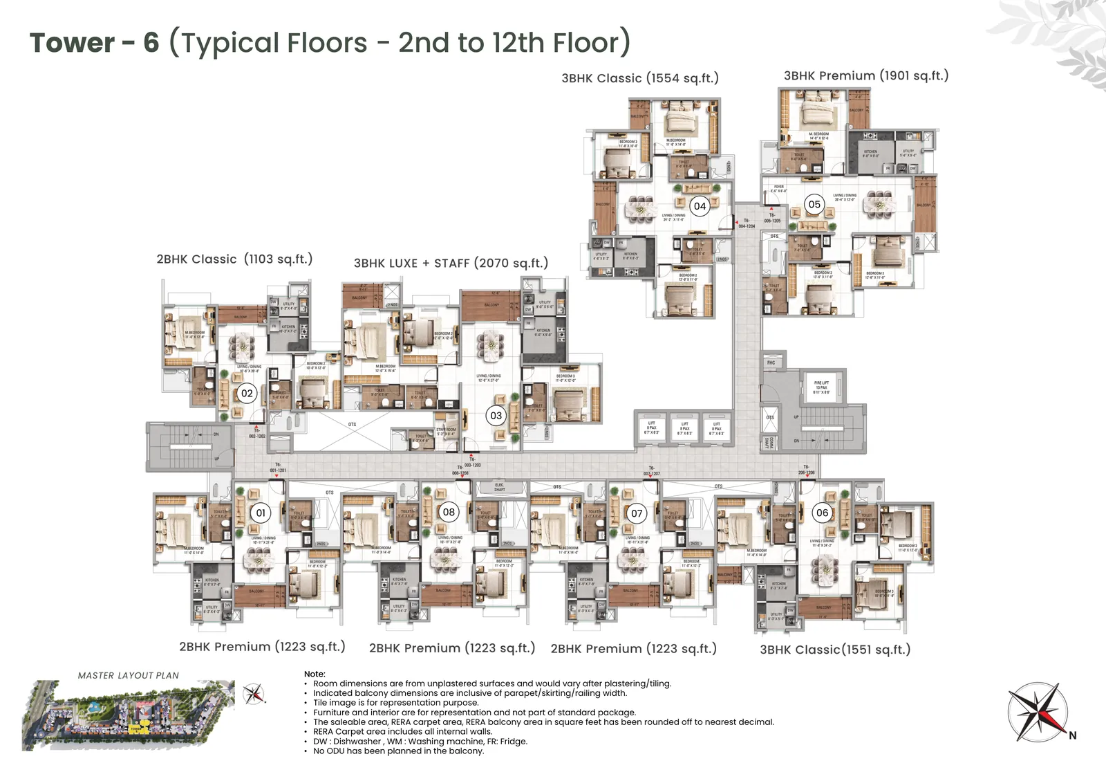 Tower 6 typical floor plan, floors 2 to 12, TVS Emerald Altura, Sathanur: 2 and 3 BHK residences across five configurations