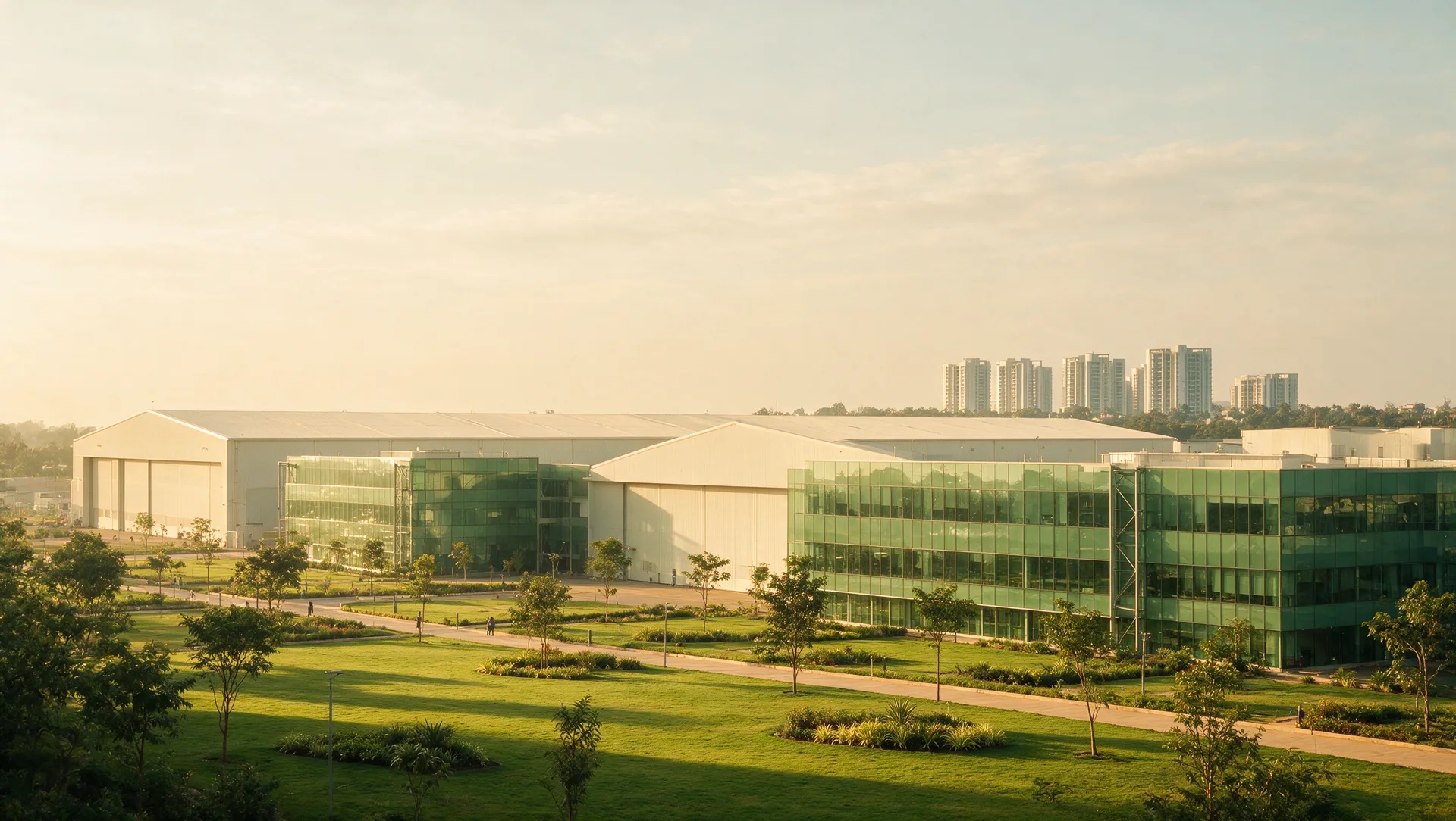 Illustrative editorial image: a clean-lined aerospace industrial campus with green lawns in the foreground and a line of new residential towers rising beyond it