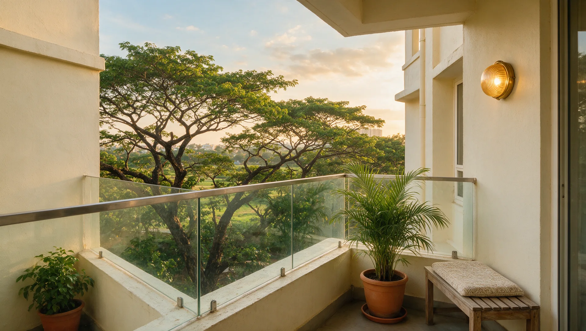 Illustrative editorial image: a compact apartment balcony with a glass railing and potted plants on a cream mid-rise building