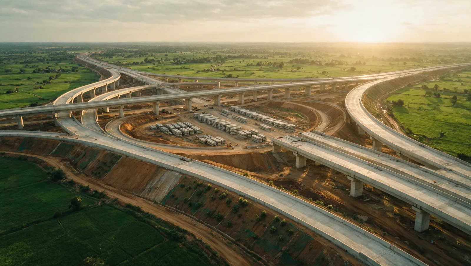 Illustrative editorial image: a highway interchange under construction amid green farmland north of Bengaluru at golden hour