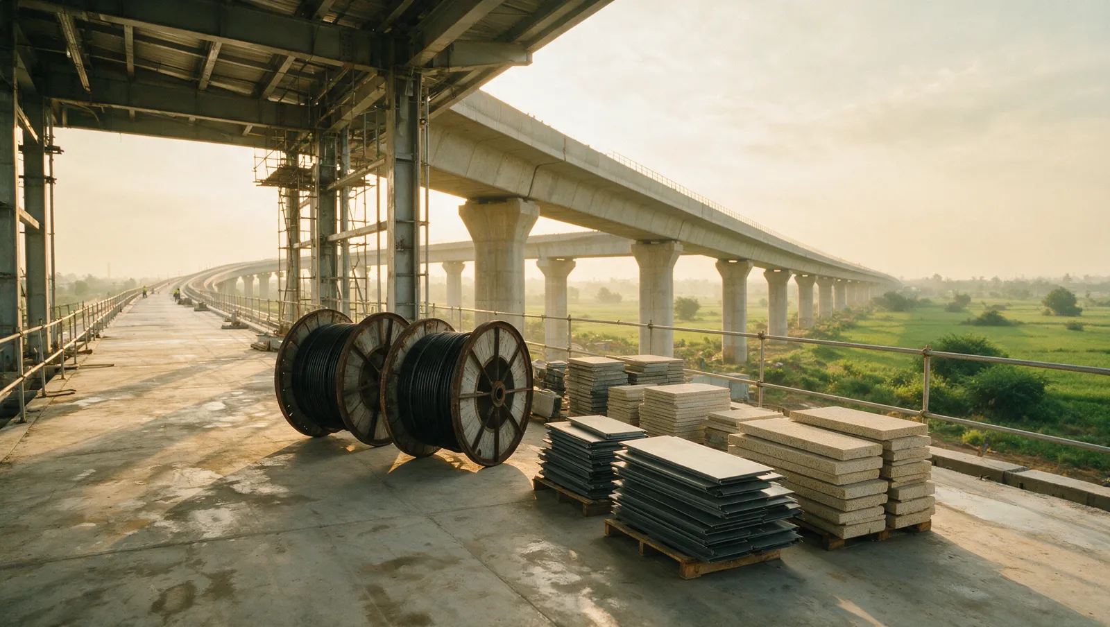 Illustrative editorial image: an elevated metro station under construction at golden hour in North Bengaluru, with the viaduct stretching toward green fields