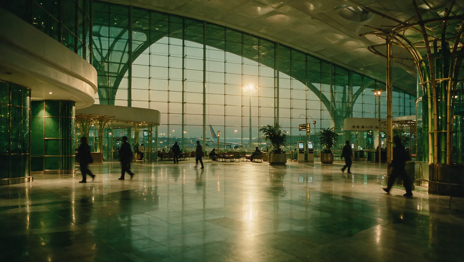 Illustrative editorial image: travellers silhouetted inside a modern airport terminal at dusk, with a widebody aircraft beyond the glass