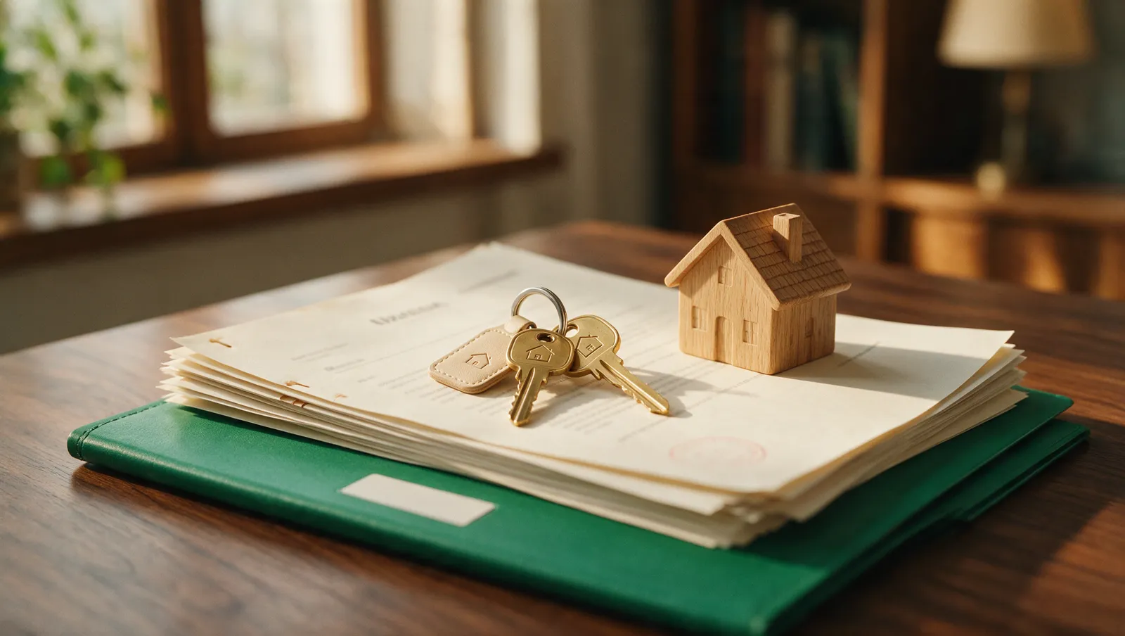 Illustrative editorial image: brass house keys and a small wooden home figurine resting on a stack of stamped legal papers in warm window light