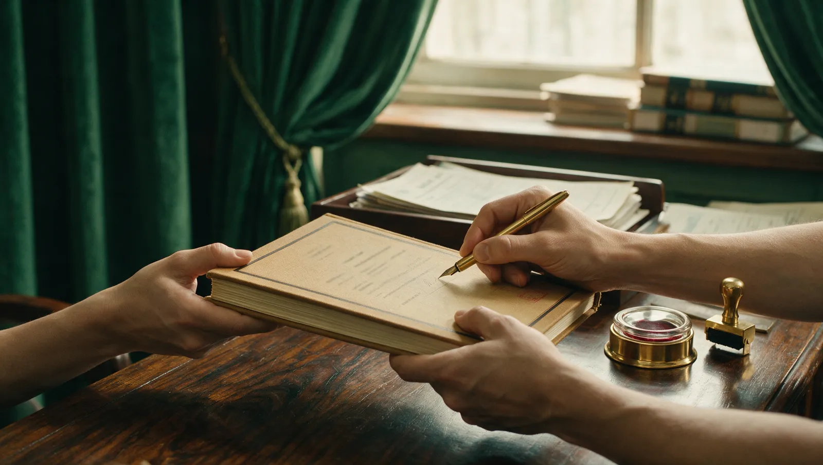 Illustrative editorial image: hands exchanging a bound property document over a wooden desk with a brass pen and date stamp, text blurred