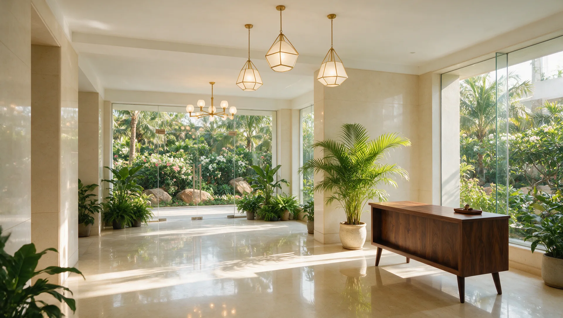 Illustrative editorial image: a finished residential lobby with cream stone walls, brass pendant lights and potted palms opening to landscaping