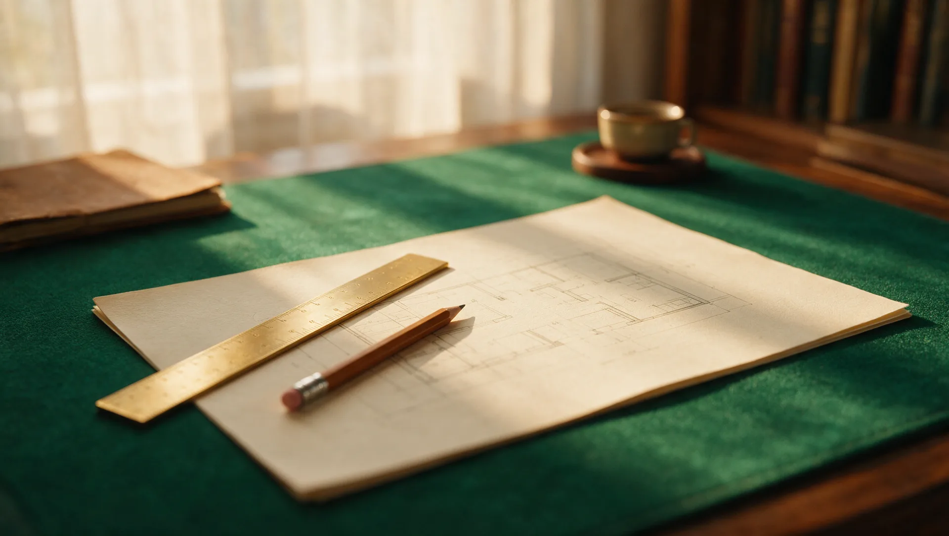 Illustrative editorial image: an architectural floor-plan sheet with a brass ruler and pencil, linework softly out of focus