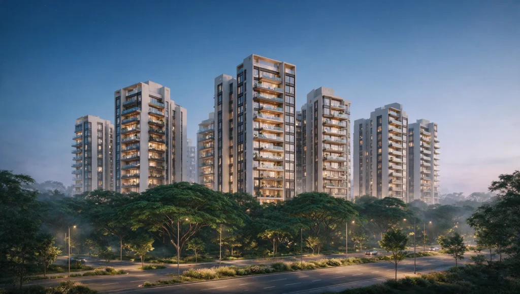 Illustrative AI-generated editorial image of apartment towers rising above tree cover along an arterial road in North Bengaluru at dusk, with construction cranes on the skyline