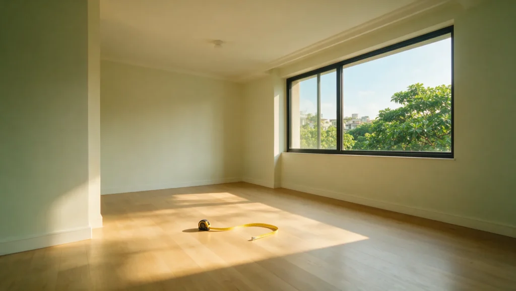 Illustrative AI-generated editorial image, not a photograph: an empty newly finished apartment living space with pale walls, light wood floor and a measuring tape open on the floor in warm morning light