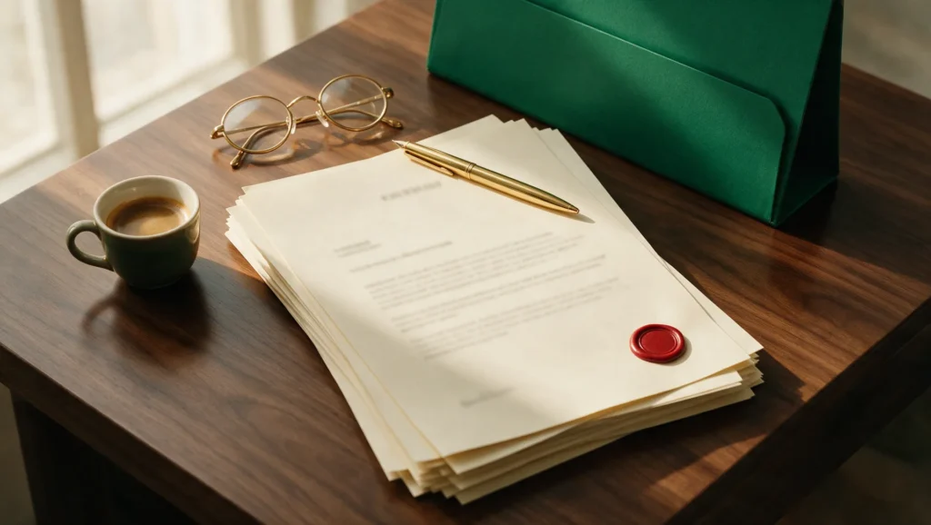 Illustrative AI-generated editorial image: a homebuyer's desk with a printed Bengaluru apartment cost sheet, stamp papers and a calculator under warm morning light