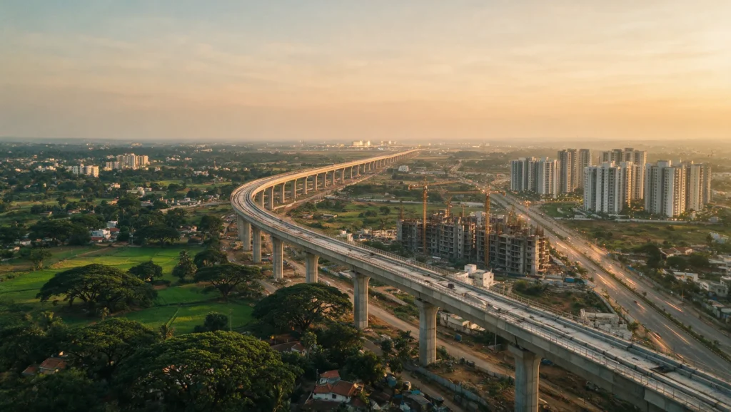 Illustrative editorial aerial view at dusk: an elevated metro viaduct under construction curving through green fields toward a distant airport, with new apartment towers rising in North Bengaluru