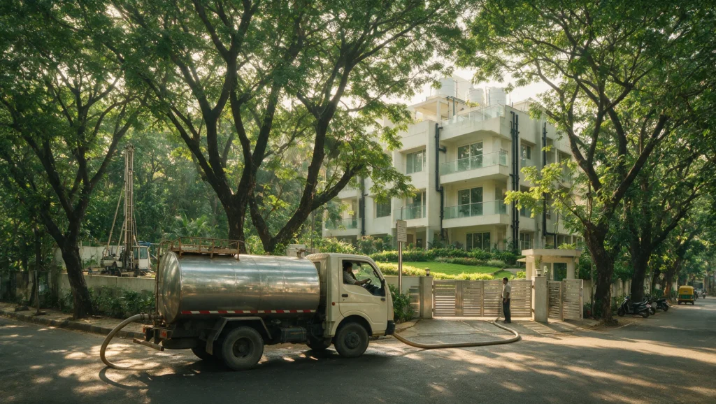 Illustrative AI-generated editorial image: a private water tanker parked beside apartment towers under construction on Bengaluru's northern fringe, with a borewell rig and dry scrubland in the distance