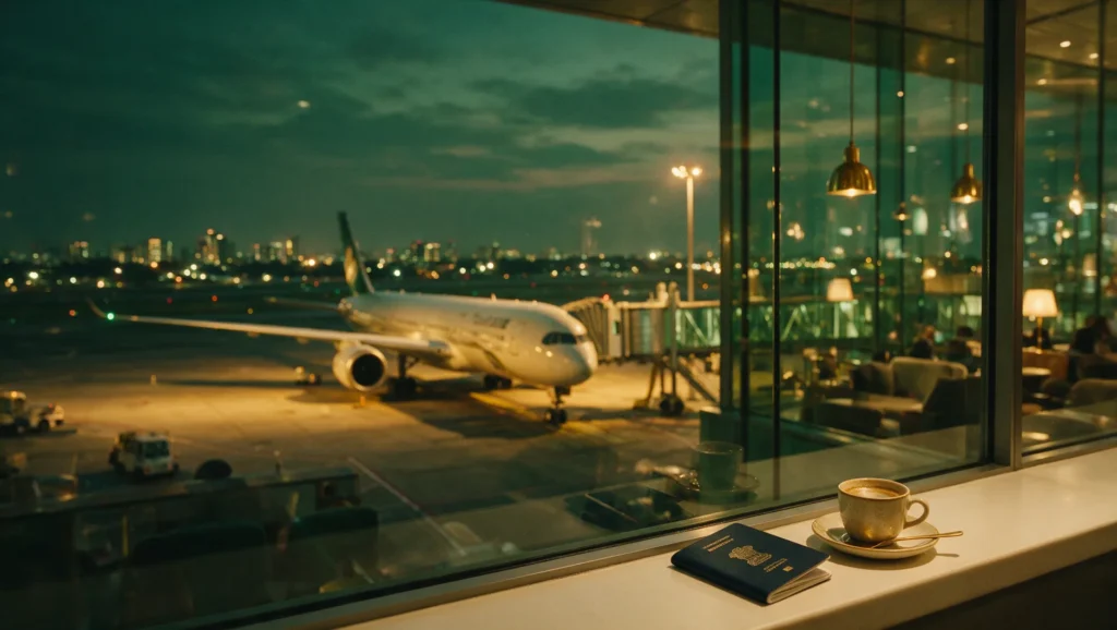 Illustrative editorial scene: an overseas Indian buyer at a night-time desk reviewing Bengaluru apartment documents on a laptop, passport alongside, with city lights and a distant aircraft through the window