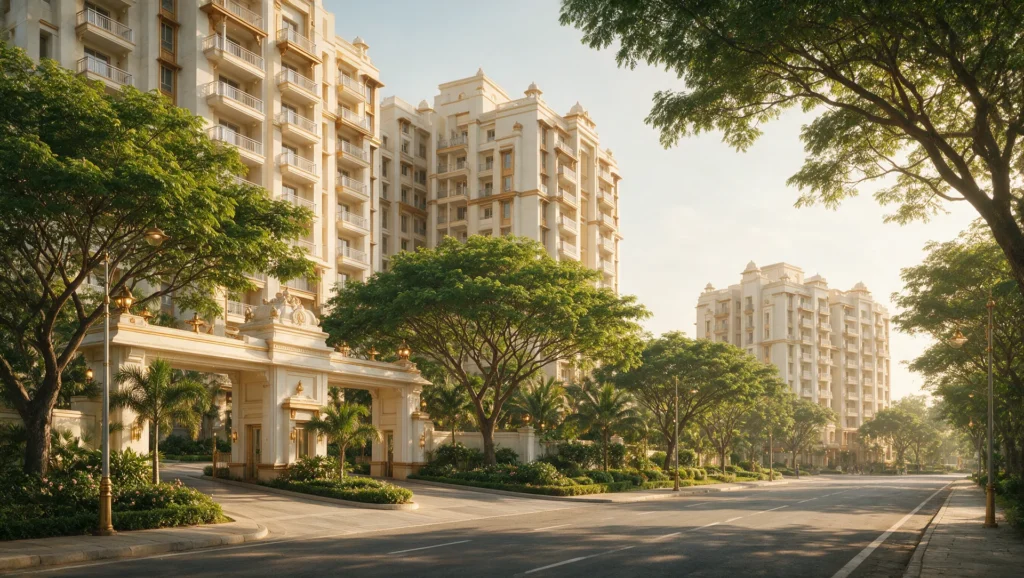 Illustrative AI-generated editorial image, not a photograph: two related cream-stone residential communities of different sizes along one tree-lined North Bengaluru road in soft morning light