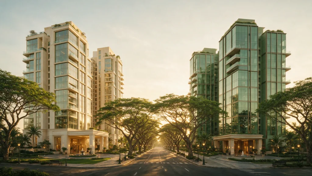 Illustrative AI-generated editorial image, not a photograph: two contrasting apartment communities on a North Bengaluru corridor — a compact single-phase estate on one side, a large multi-phase township on the other, with open land and a metro viaduct between them.
