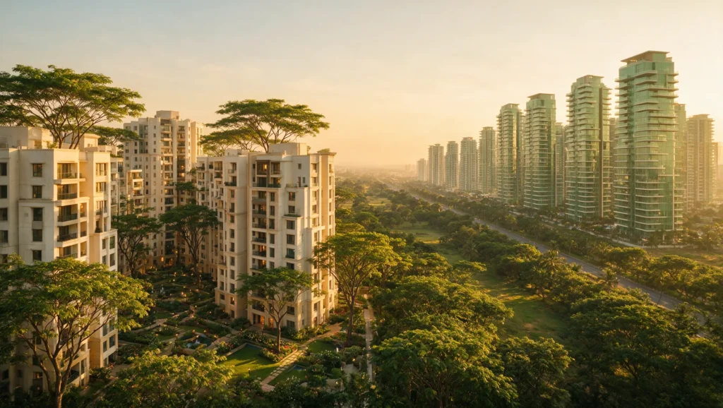 Illustrative AI-generated editorial image, not a photograph: a compact cream-stone garden estate in the foreground and a vast township of sage-green towers receding along a highway corridor at golden hour