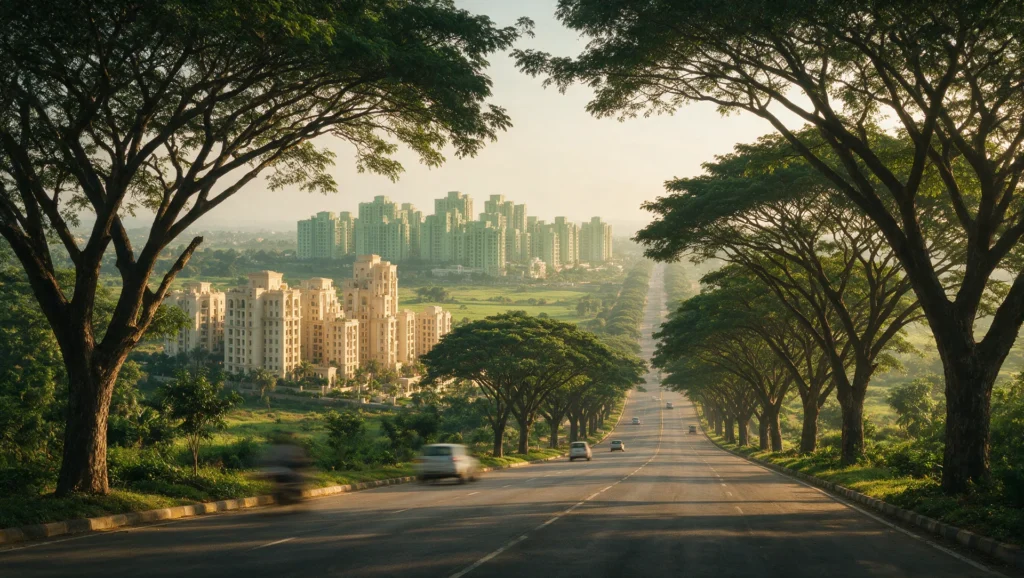 Illustrative AI-generated editorial image, not a photograph: a straight tree-lined North Bengaluru arterial road with two residential communities along the same side, a compact cream-stone estate nearer and a larger cluster of pale green towers farther away in morning haze