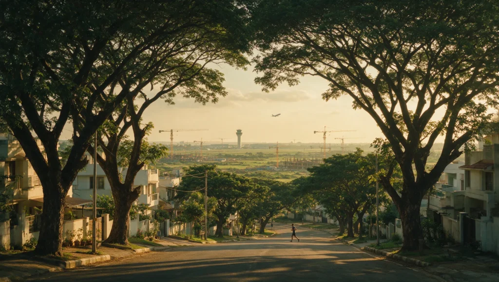 Illustrative AI-generated editorial image: a split North Bengaluru scene, with an established suburb of apartment blocks and tree-lined streets on one side and open airport-corridor land with construction cranes on the other