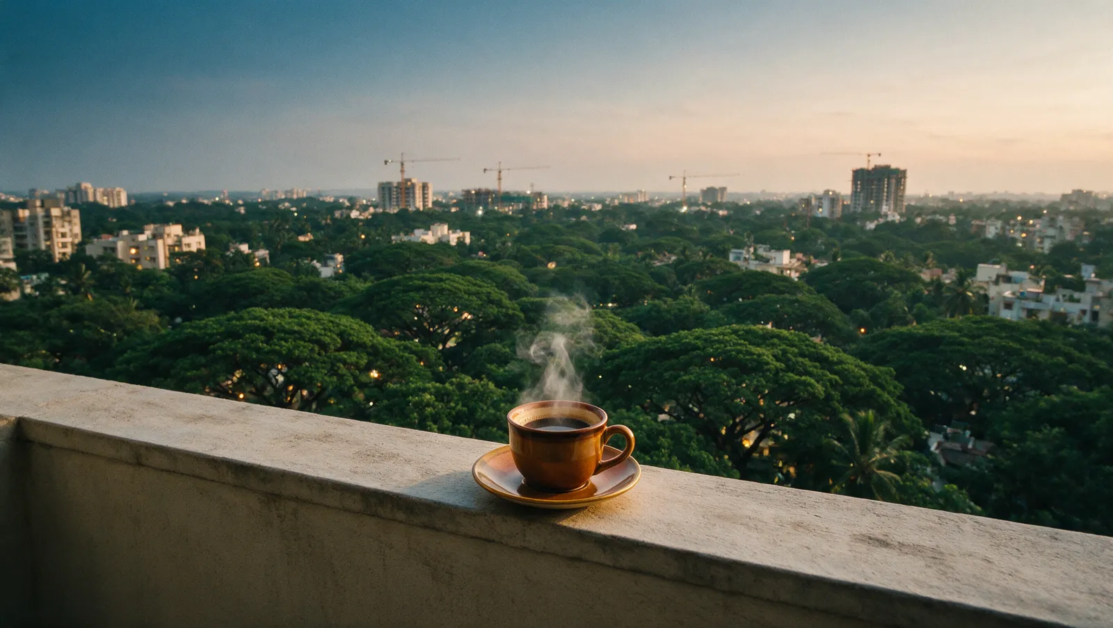 Illustrative editorial image: dusk view from a high apartment balcony over rain-tree canopy and mid-rise rooftops in North Bengaluru, coffee cup on the parapet