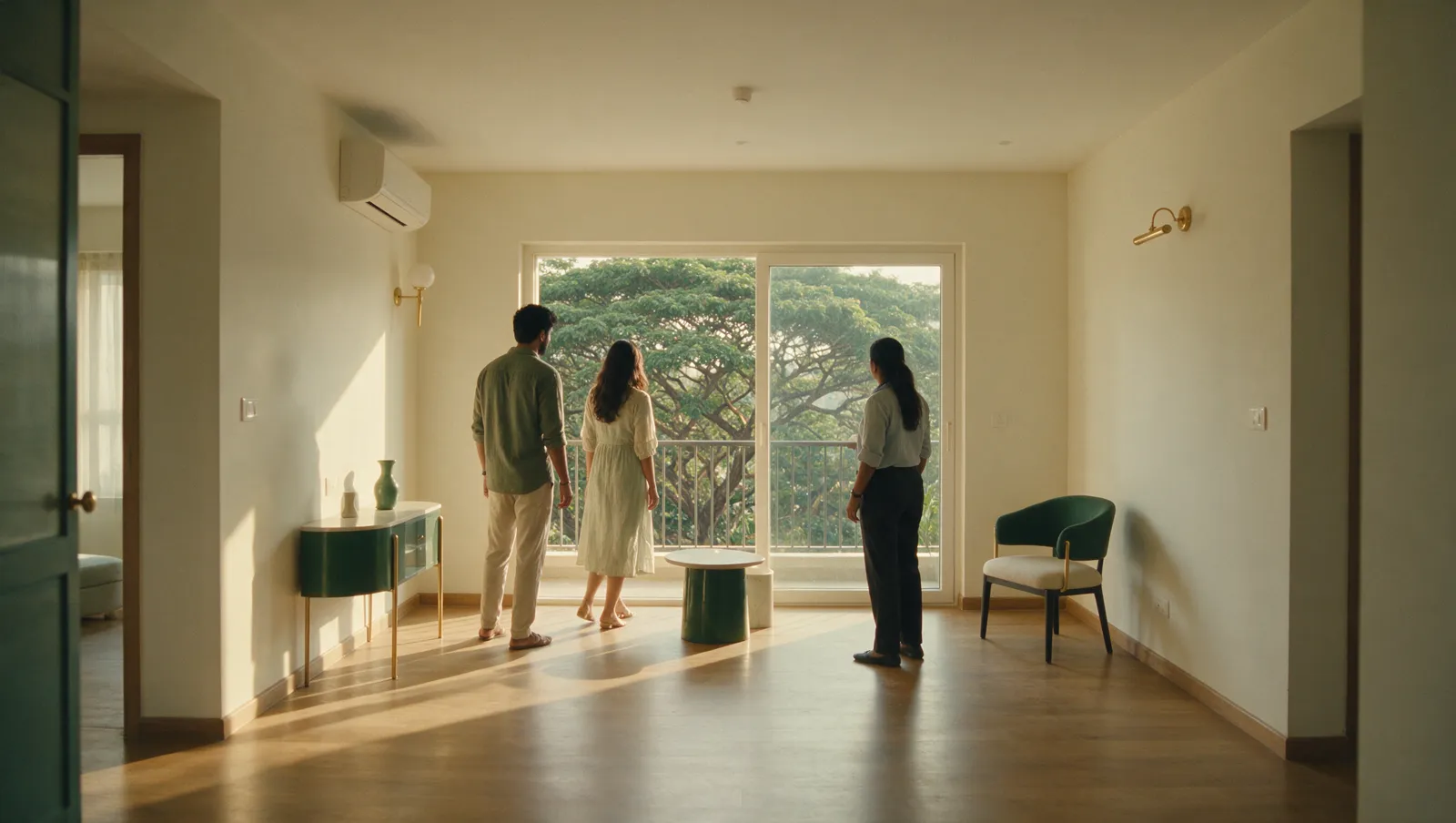 Illustrative editorial image: a couple and a property advisor, seen from behind, in a bright empty model apartment with rain trees outside the balcony