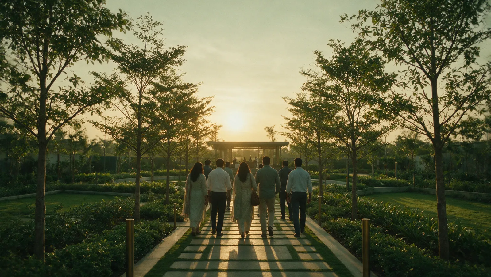 Illustrative editorial image: home-buyers on a golden-hour site visit walking a landscaped path inside a new North Bengaluru township