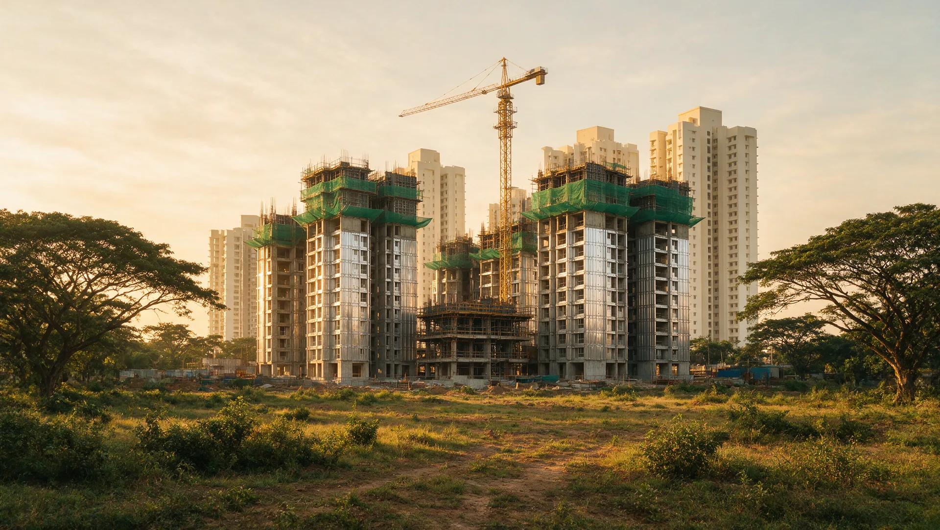 Illustrative editorial image: mid-rise residential towers under construction with aluminium formwork panels and green safety mesh, finished cream towers behind