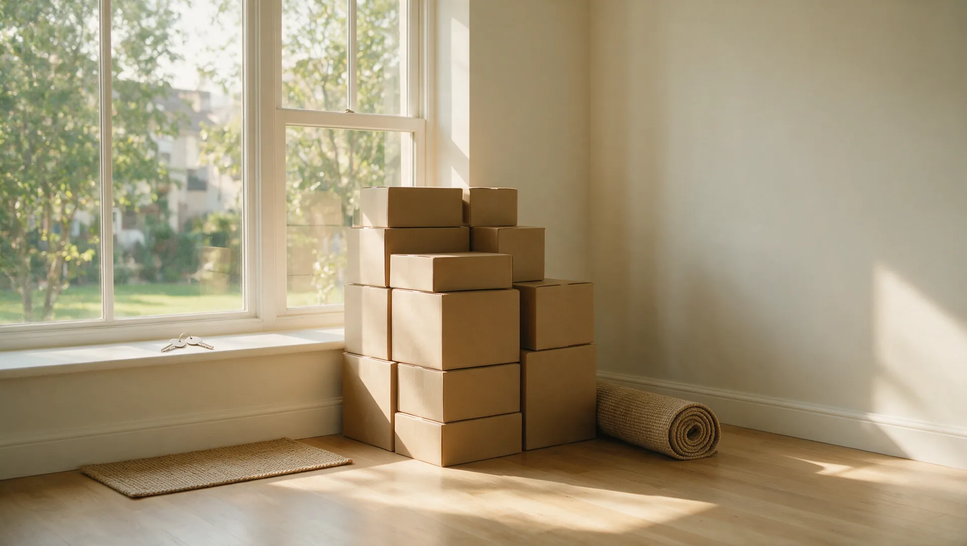 Illustrative editorial image: plain moving boxes and keys on a windowsill in an empty new apartment in soft morning light