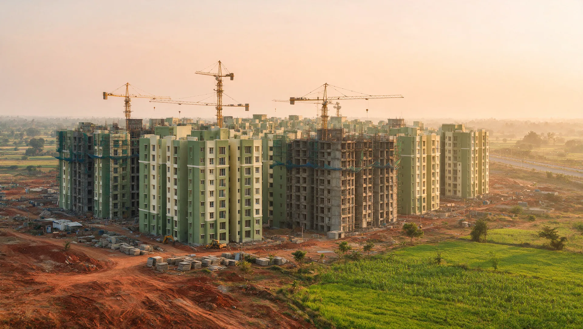 Illustrative editorial image: rows of sage-green and cream apartment towers in varying stages of construction with tower cranes, red earth and green fields in front