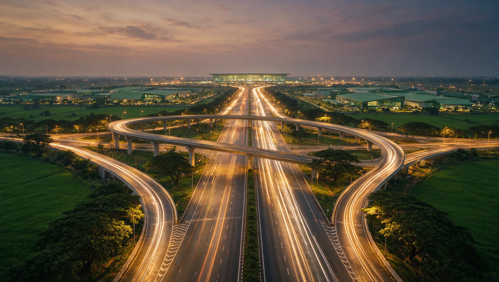 Illustrative editorial image: a six-lane highway interchange at dusk with light trails, green farmland on both sides and an airport terminal glowing on the horizon