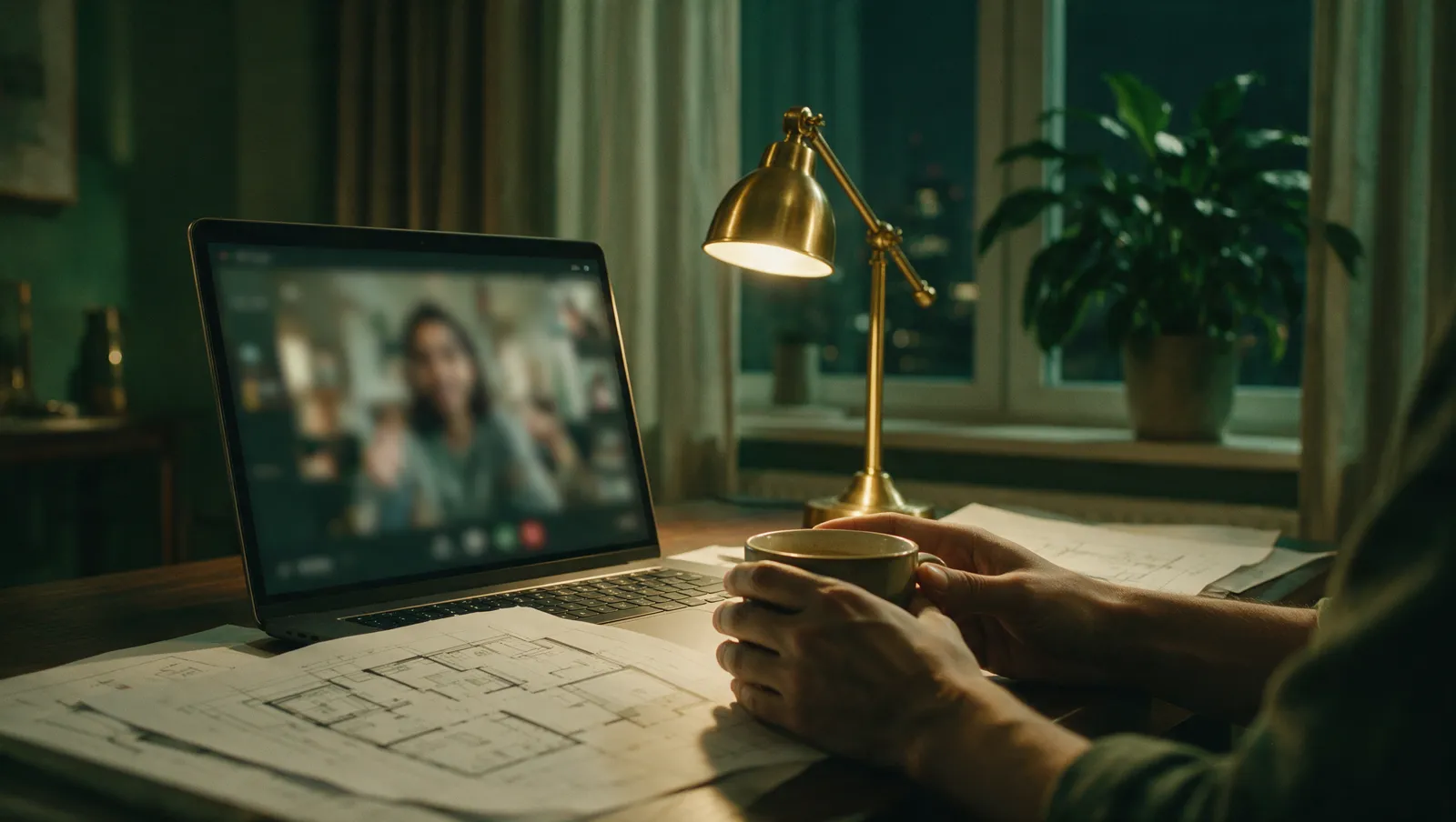 Illustrative editorial image: a late-night video call on a laptop beside printed floor plans, seen from a desk in an apartment abroad