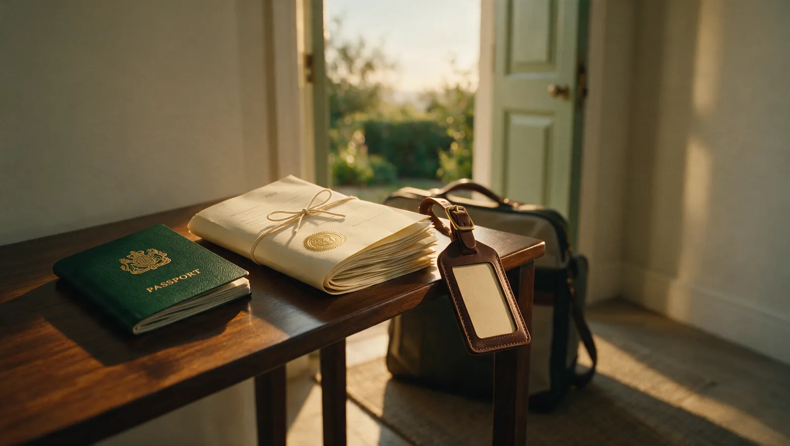 Illustrative editorial image: a passport, attested documents and a luggage tag on a console table at dawn beside a packed cabin bag