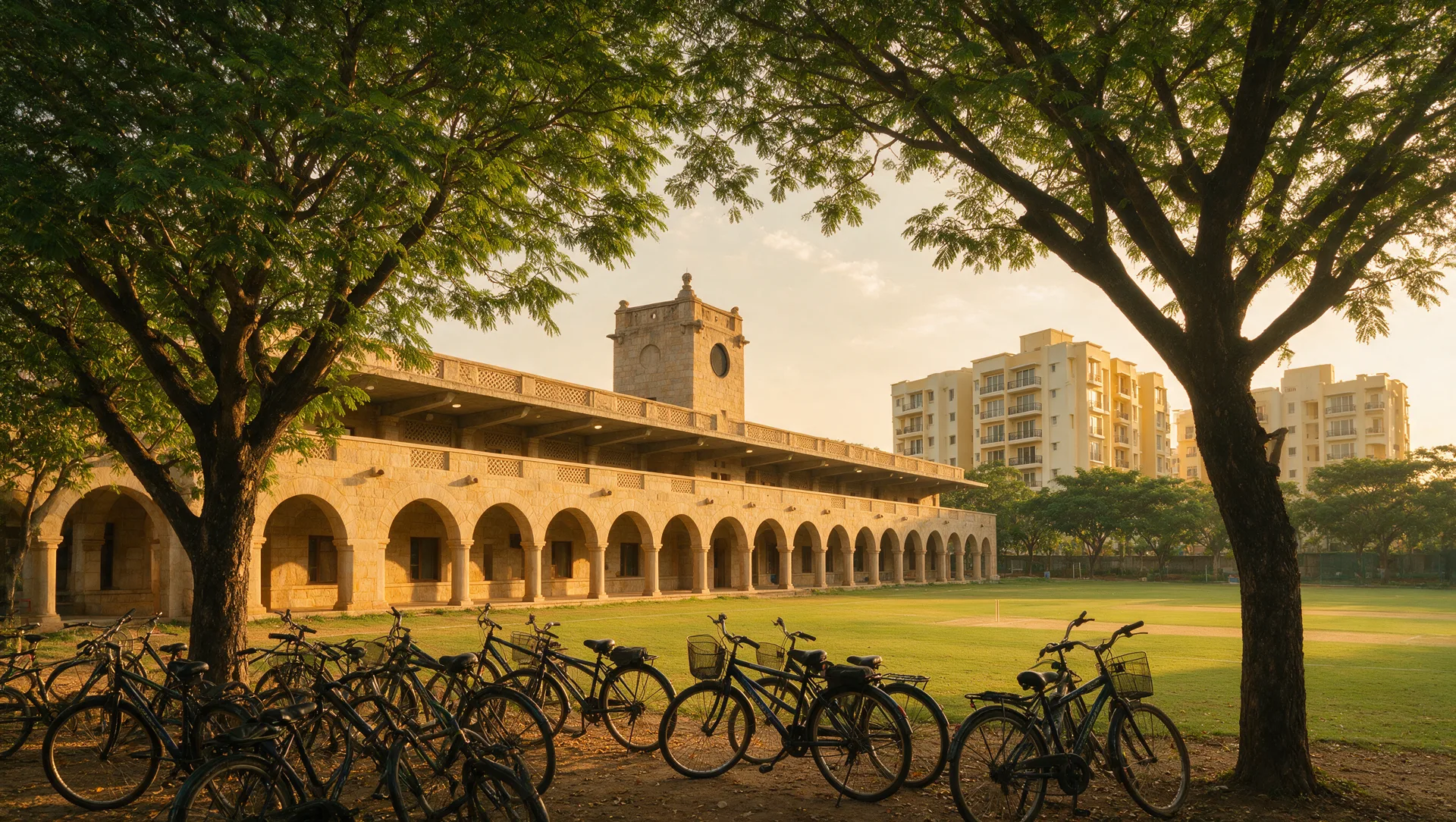 Illustrative editorial image: a university campus edge at golden hour with bicycles under rain trees and new residential towers rising across open fields