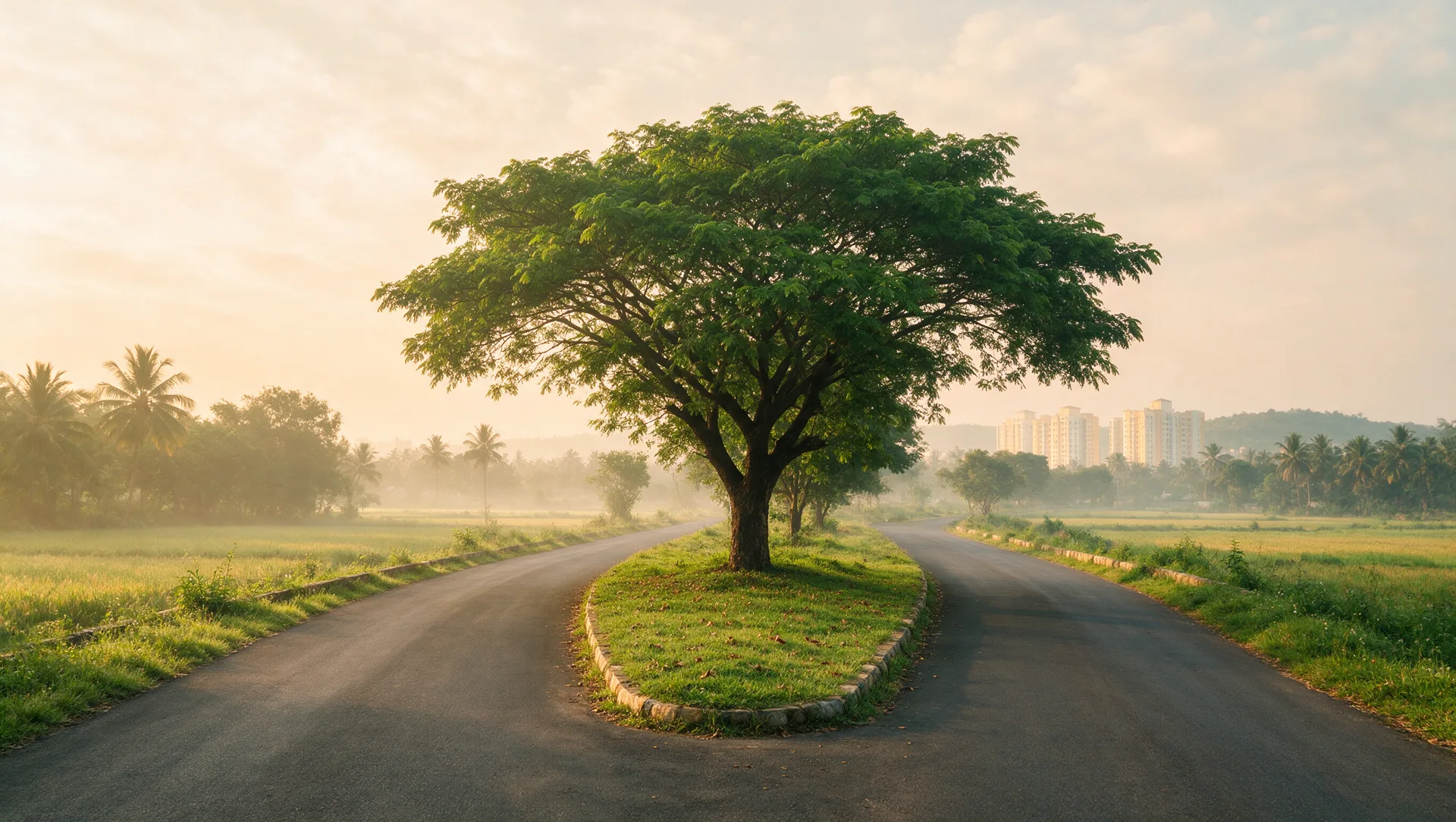 Illustrative editorial image: a quiet fork in a tree-lined North Bengaluru road in morning mist, with distant cream apartment towers on both branches
