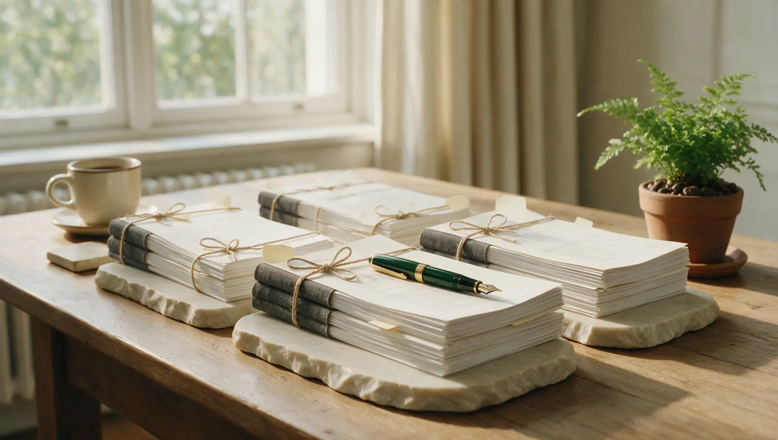 Illustrative editorial image: neat rows of paper stacks with blank index tabs on a research desk in soft morning light