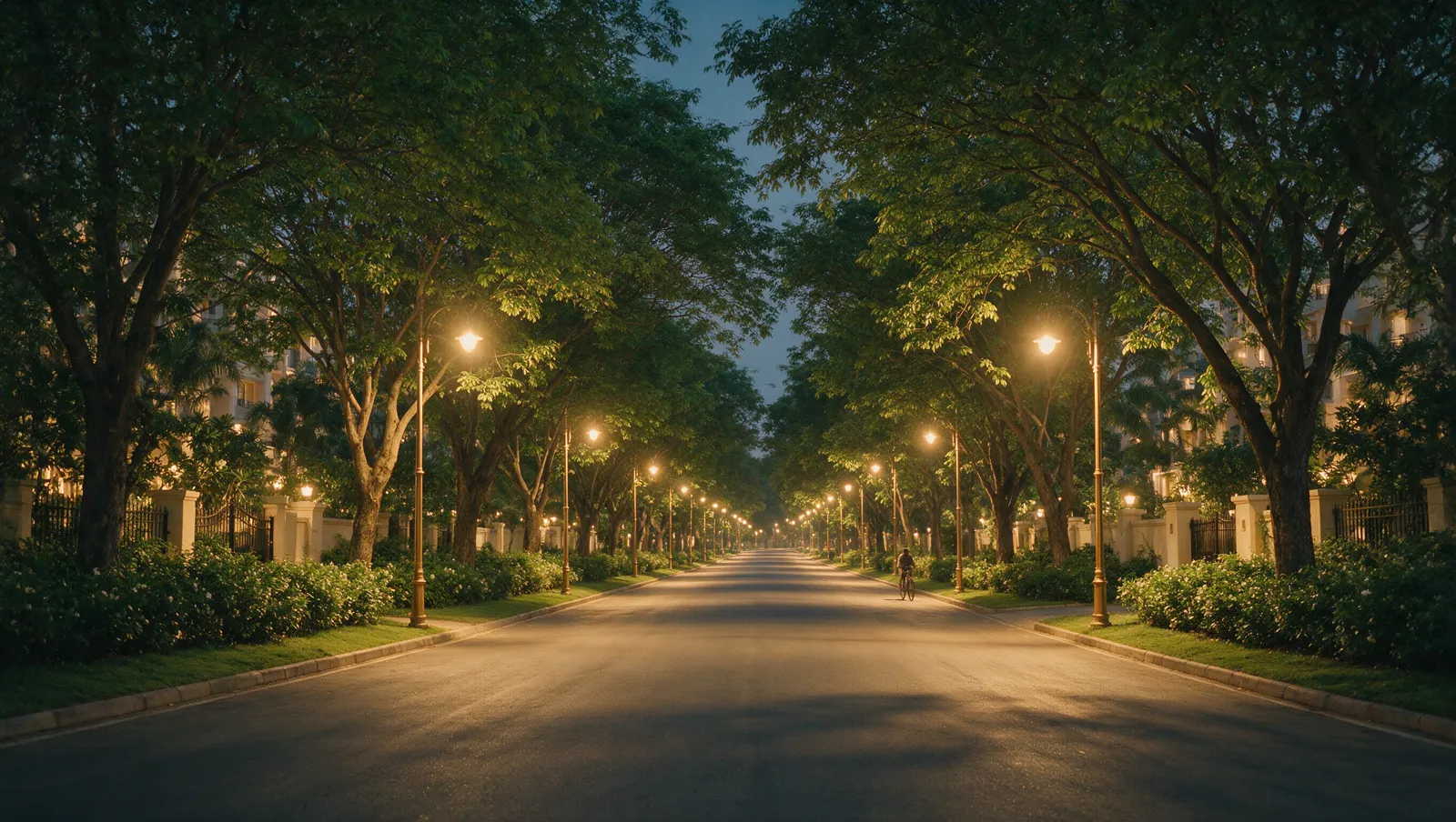 Illustrative editorial image: a tree-lined North Bengaluru avenue at evening with gated communities behind the greenery on both sides