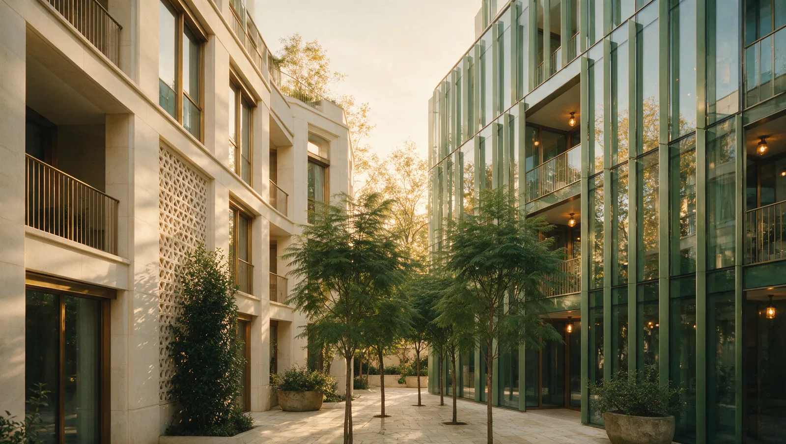 Illustrative editorial image: two contrasting contemporary residential facades, cream stone and sage-green glass, meeting at a shared garden courtyard