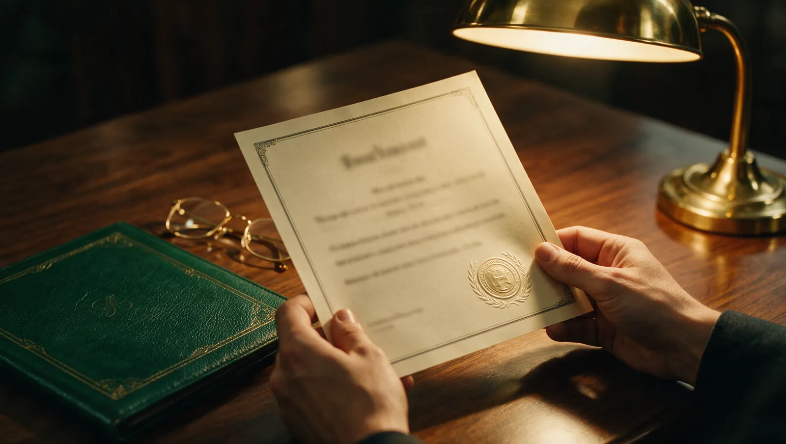 Illustrative editorial image: hands holding a printed certificate-style document under a warm desk lamp, all text blurred