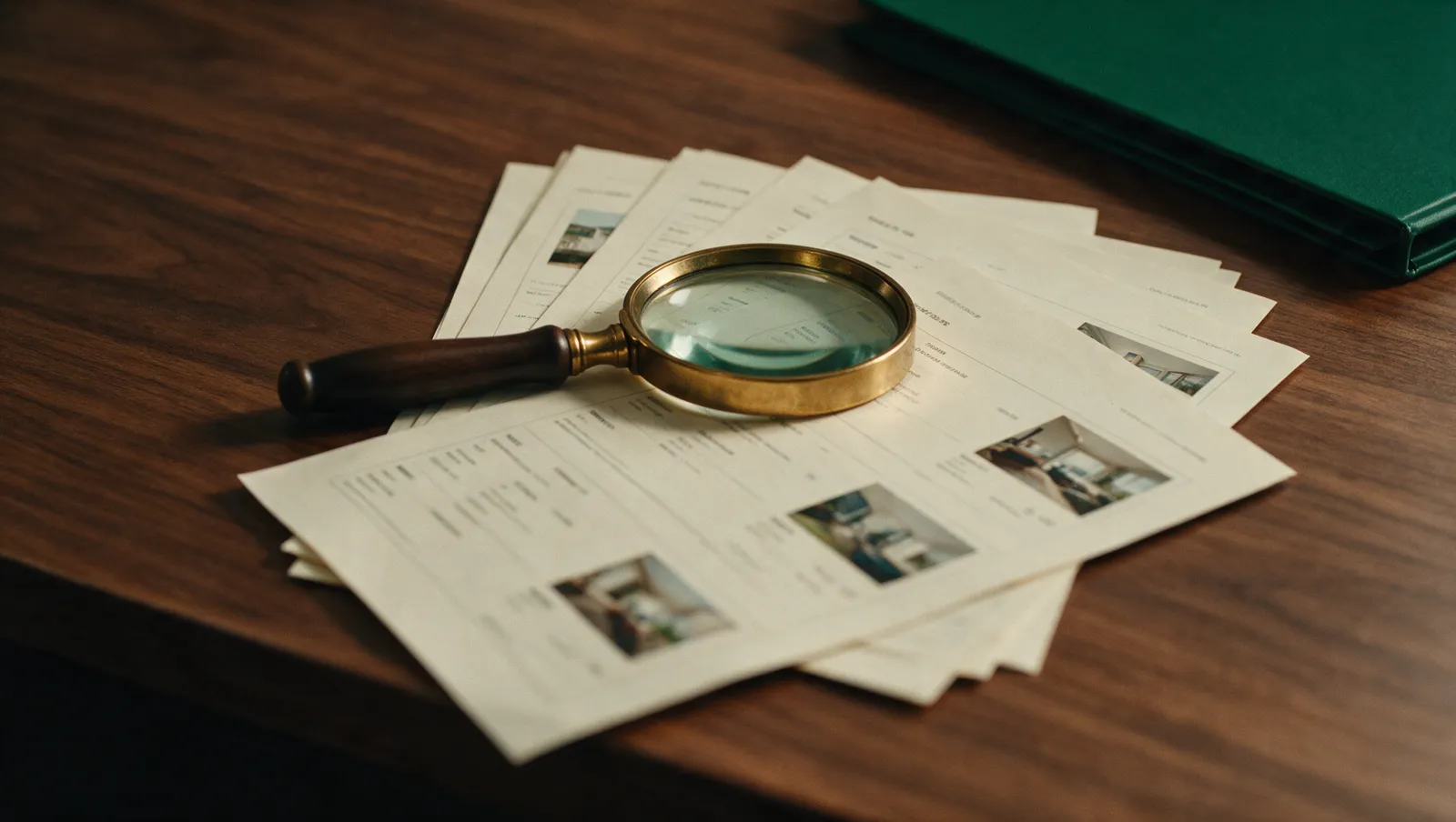 Illustrative editorial image: a brass magnifying glass resting on a fanned stack of printed property listings with blurred text
