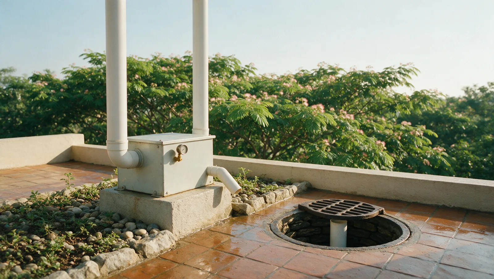 Illustrative editorial image: rooftop rainwater-harvesting downpipes and filter unit on a modern Bengaluru apartment building