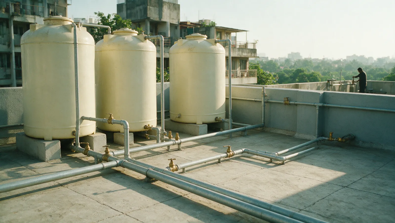 Illustrative editorial image: overhead water storage tanks and pipework on a Bengaluru apartment rooftop in morning light