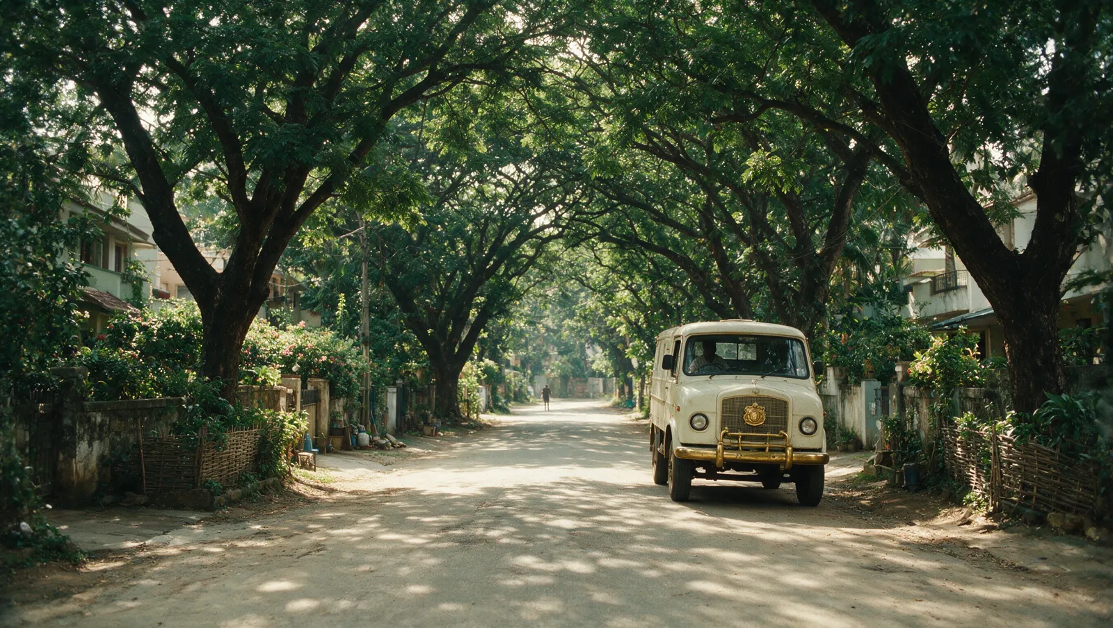 Illustrative editorial image: mature rain trees arching over an established, leafy Bengaluru suburb street on a bright morning