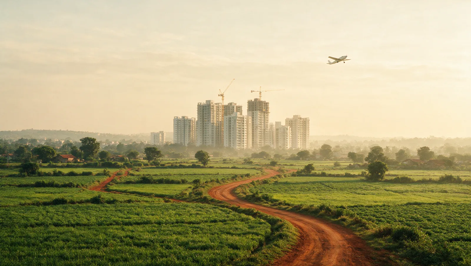 Illustrative editorial image: open green plains north of Bengaluru with new residential towers and cranes rising in the distance and a small aircraft climbing over the horizon